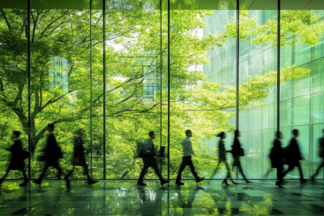 Green Oasis: Silhouetted Figures Walking Past Lush Greenery Through Modern Glass Walls