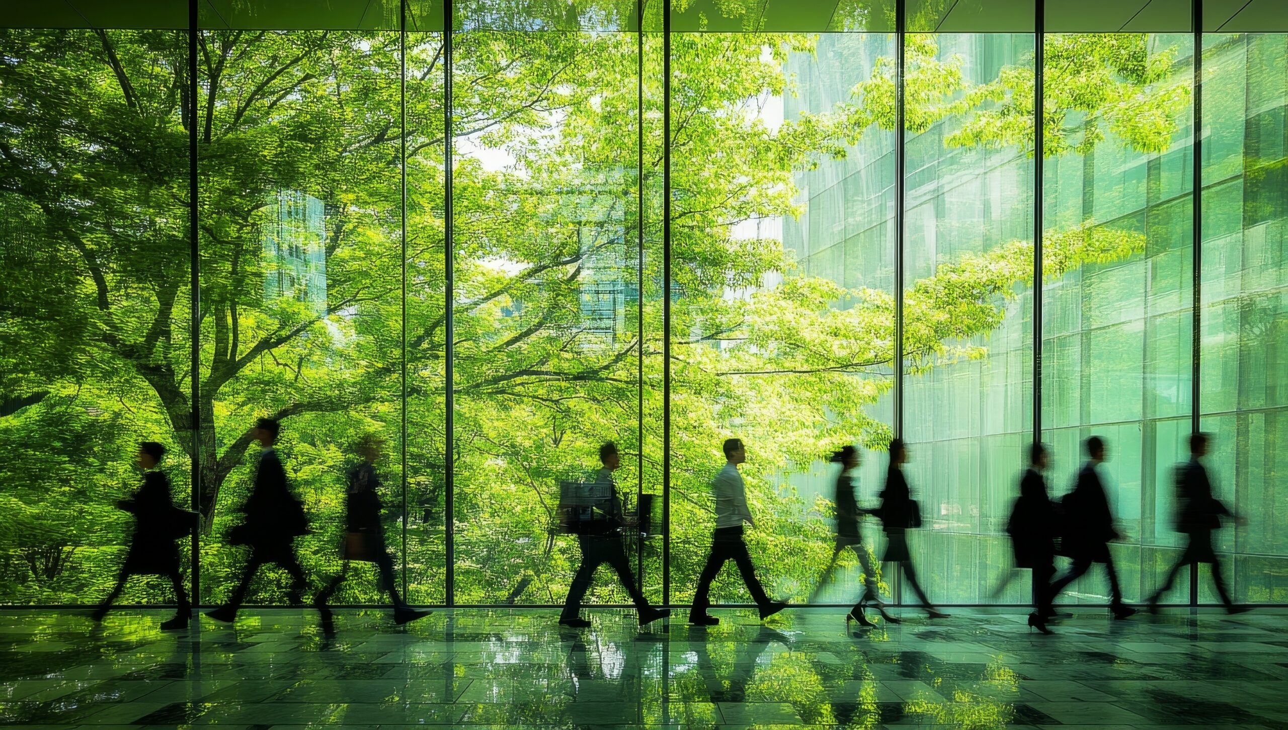 Green Oasis: Silhouetted Figures Walking Past Lush Greenery Through Modern Glass Walls